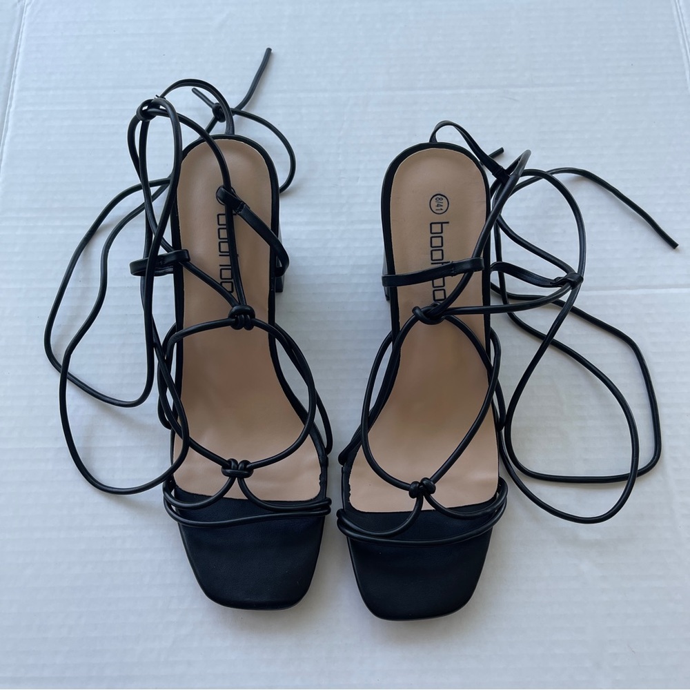 Boohoo Matte Black Strappy Wide-Width Heels
